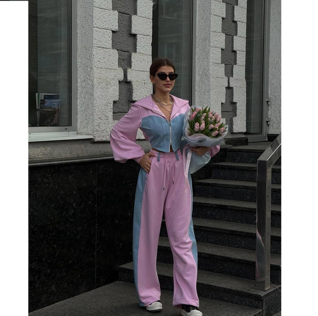Women's Color Blocked Fashion Set Sexy Waist Hooded Cross Color Cardigan Sports Pants Two Piece