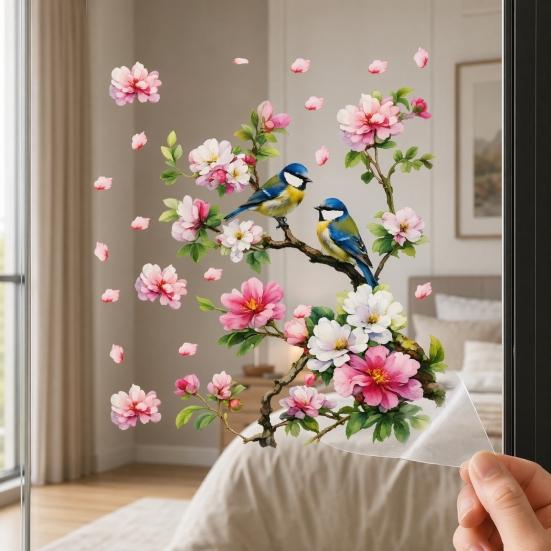 Vögel Blumen Ast Statische Fensteraufkleber, Aquarellvögel auf blühendem Ast Ast Fensteraufkleber, Wiederverwendbare Antikollisions-Doppelseitige Aufkleber für Glas