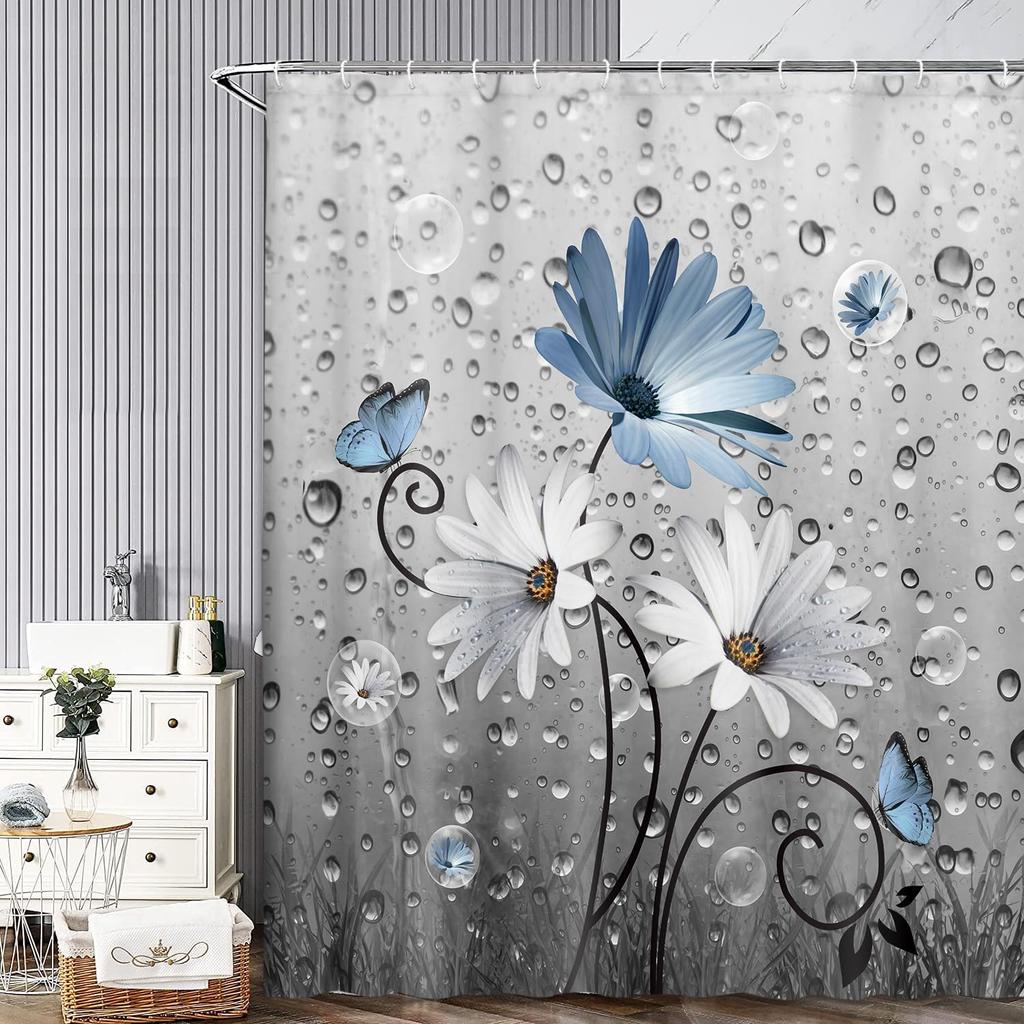 Rustic Farmhouse Blue Floral Shower Curtain, Farm Daisy Flowers and Butterfly Shower Curtain for Bathroom,   Boho Shower Curtain