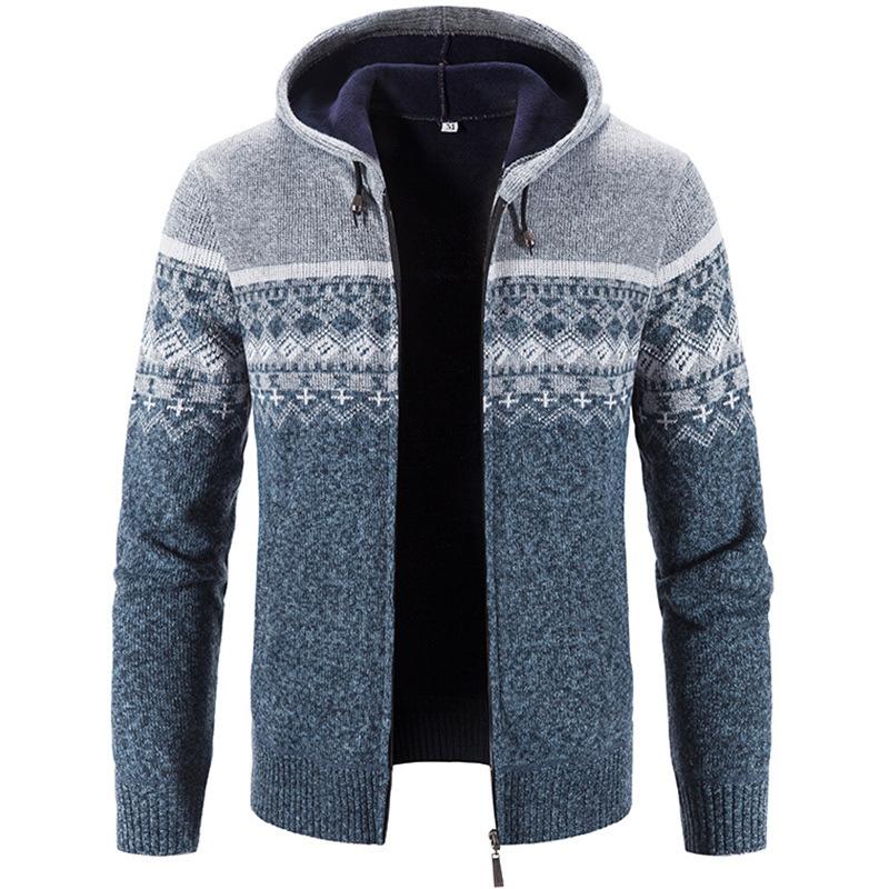 Men's Autumn Winter Zippered Hooded Sweater Cardigans - Thick Patterned Warm Knitwear for Casual Style