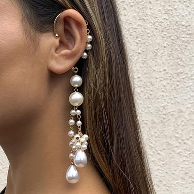 1Pc Clip Earring Imitation Pearls Long Tassel Jewelry Temperament Delicate Ear Cuff for Wedding