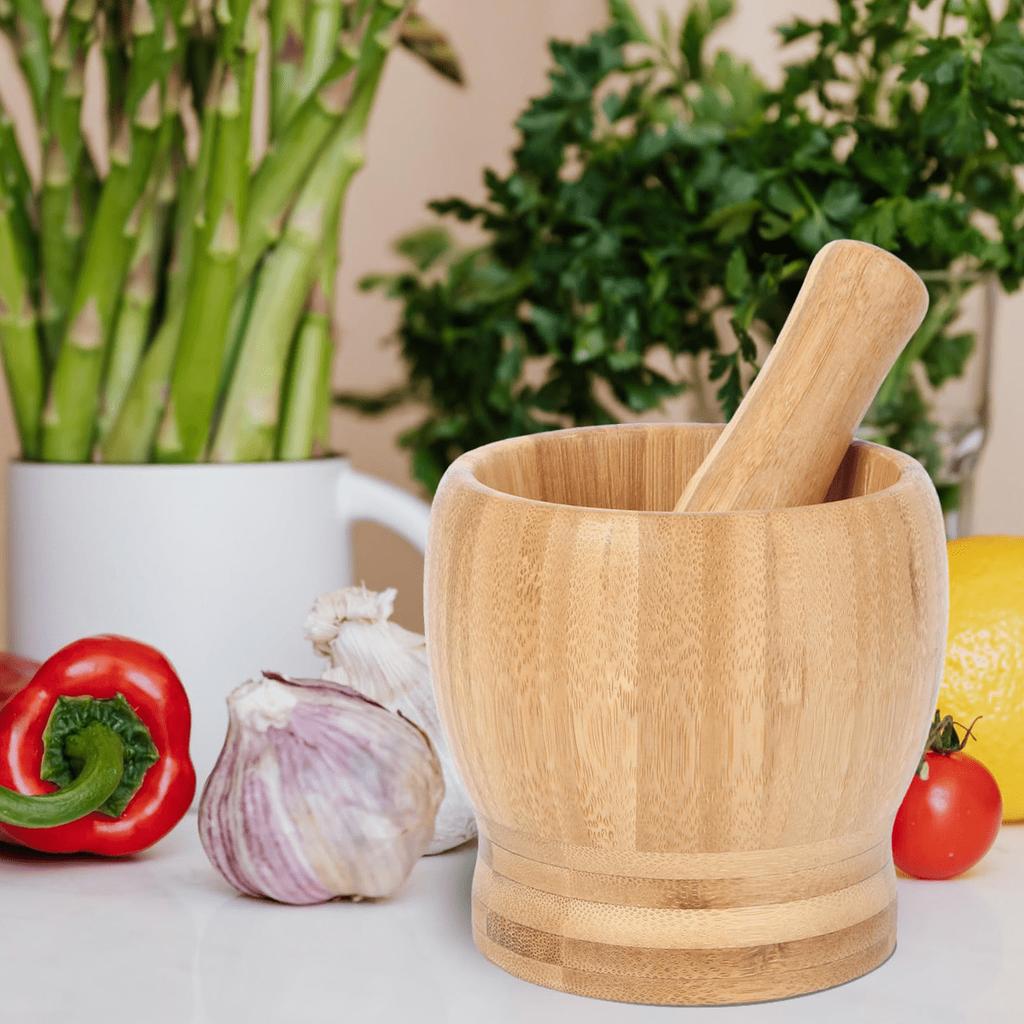 Leeseph Bamboo Mortar and Pestle Set, Garlic Grinder, Herb Spice Masher, Seasoning Crusher, Kitchen Tool for Mash Spices Pepper