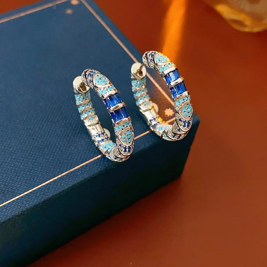 New Retro Luxury Blue Zircon Hoop Earrings for Women Geometric Round Ear Buckle Loop Earrings Female Fashion Party Jewelry Gifts