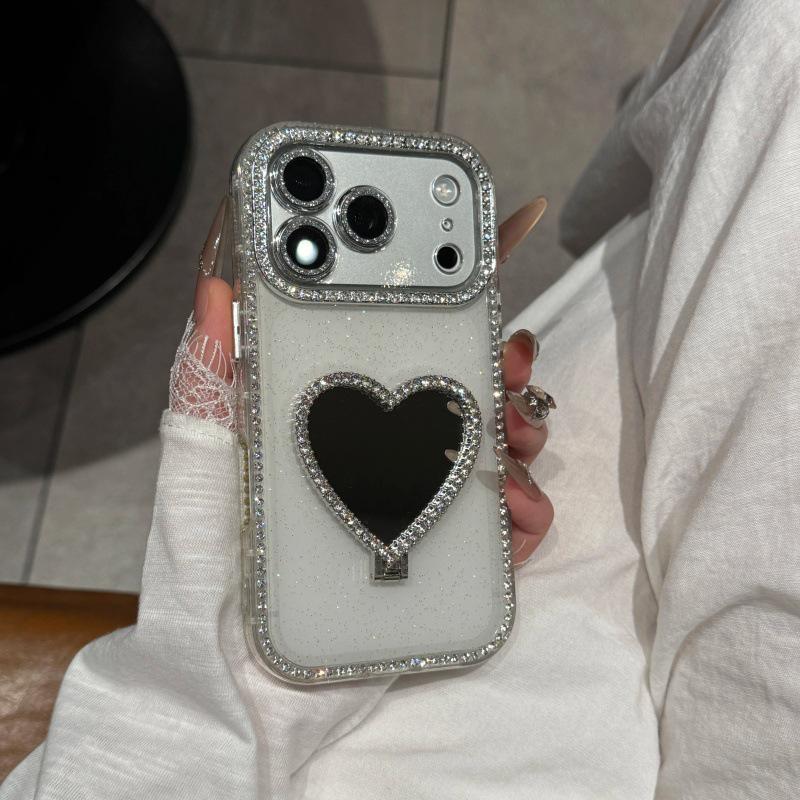 Heart-Shaped Mirror Bracket for iPhone 14-17 Pro Cases with Side Drill and Glitter