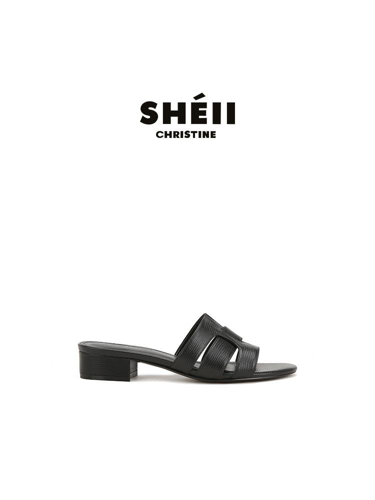 Su Yinyin's same round-headed lizard-patterned soft leather one-word thick-heeled slippers women's niche casual versatile commuter cool slippers