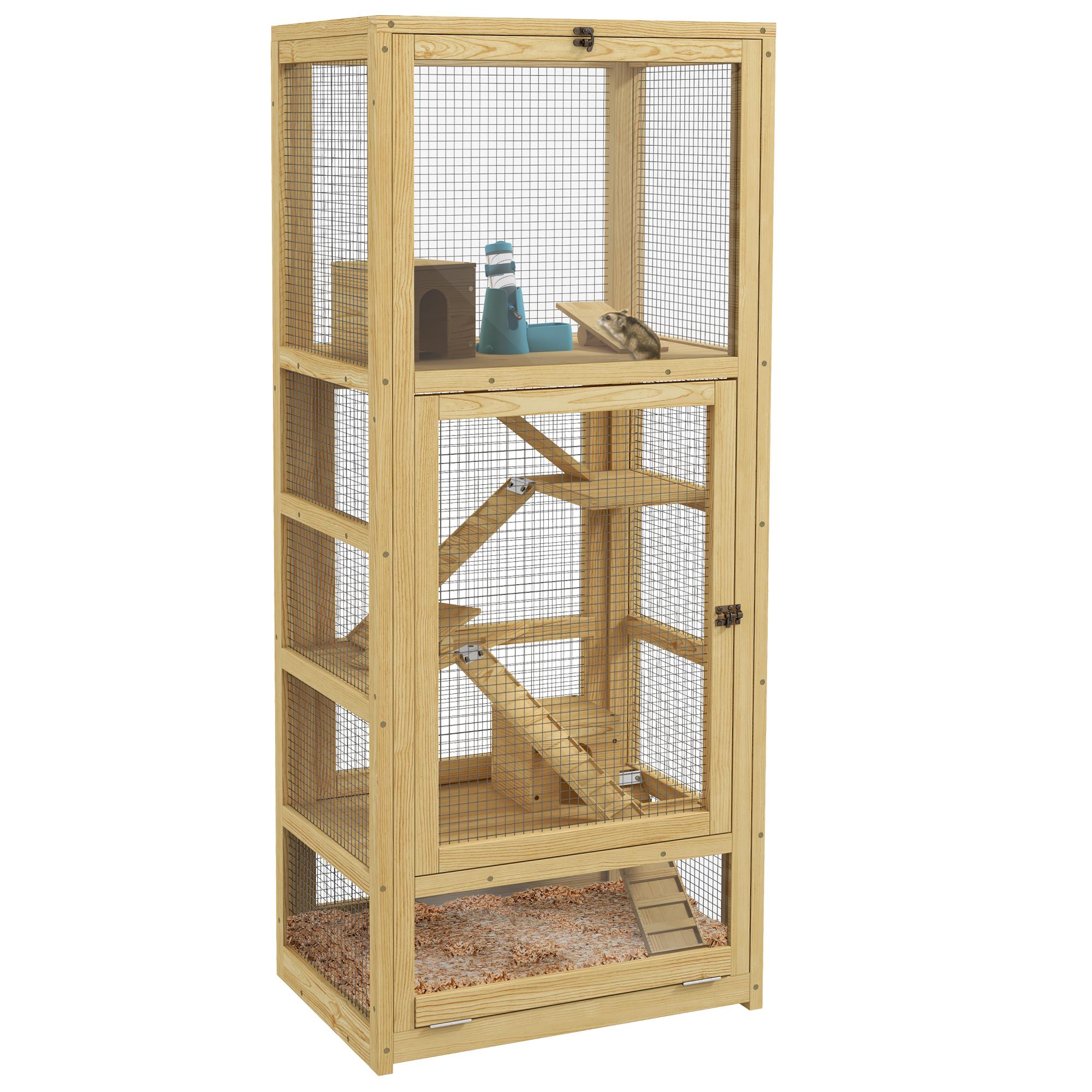 Klatka dla chomików lub małych zwierząt z drewna, 5 poziomów, z drabinką, domkiem, huśtawką, 54 x 38 x 131 cm, naturalna 54 x 38 x 131 cm