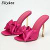 Fashion Eilyken New Arrival Silk Butterfly-knot High Heels Women Slippers Square Toe Mule Slippers Slides Party Pumps Shoes