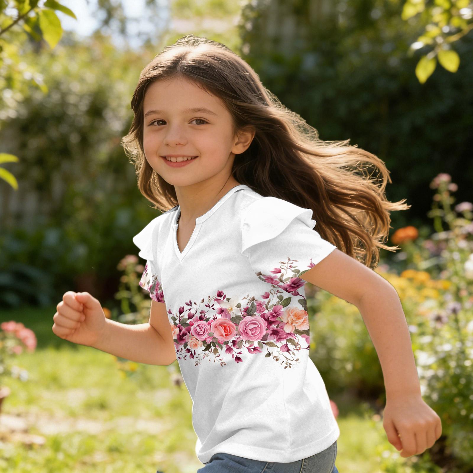

Girls V Neck Ruffle Sleeve Floral Print Short Sleeve T Shirt Casual Blouse Lightweight Summer Top for Kids 120 розовый