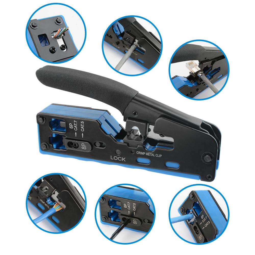 RJ45-Crimpzange, Durchgangs-Crimpzange, Abisolierzange, Cutter für Cat7, Cat6, Cat5e, 8P8C, modularer Stecker, Ethernet, All-in-One-Drahtwerkzeug