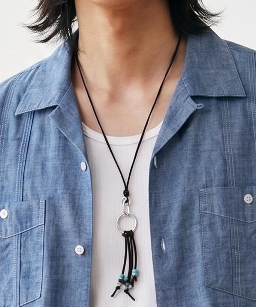 Knd Turquoise & Leather Cord Bead Necklace Black