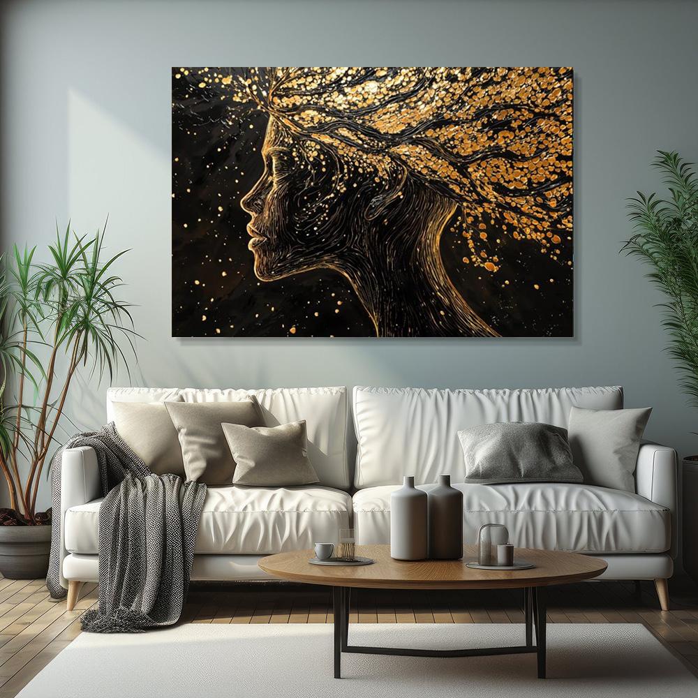 Abstract Surreal Woman Portrait Canvas Painting Art Posters Black And Gold Mysterious Female Face Modern Luxury Wall Home Decor