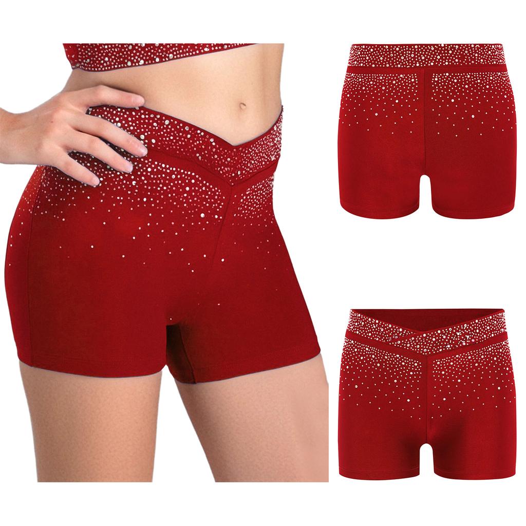 Kids Performance Shorts with Sparkling Rhinestones V-Front Elastic Waistband for Dance Gymnastics