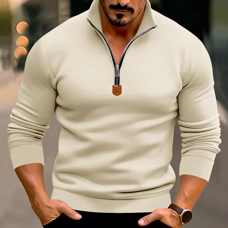 Autumn/Winter Men's Casual Fleece-Lined Solid-Colour Long-Sleeved Half-Zip Stand-Collar Sweatshirt Top