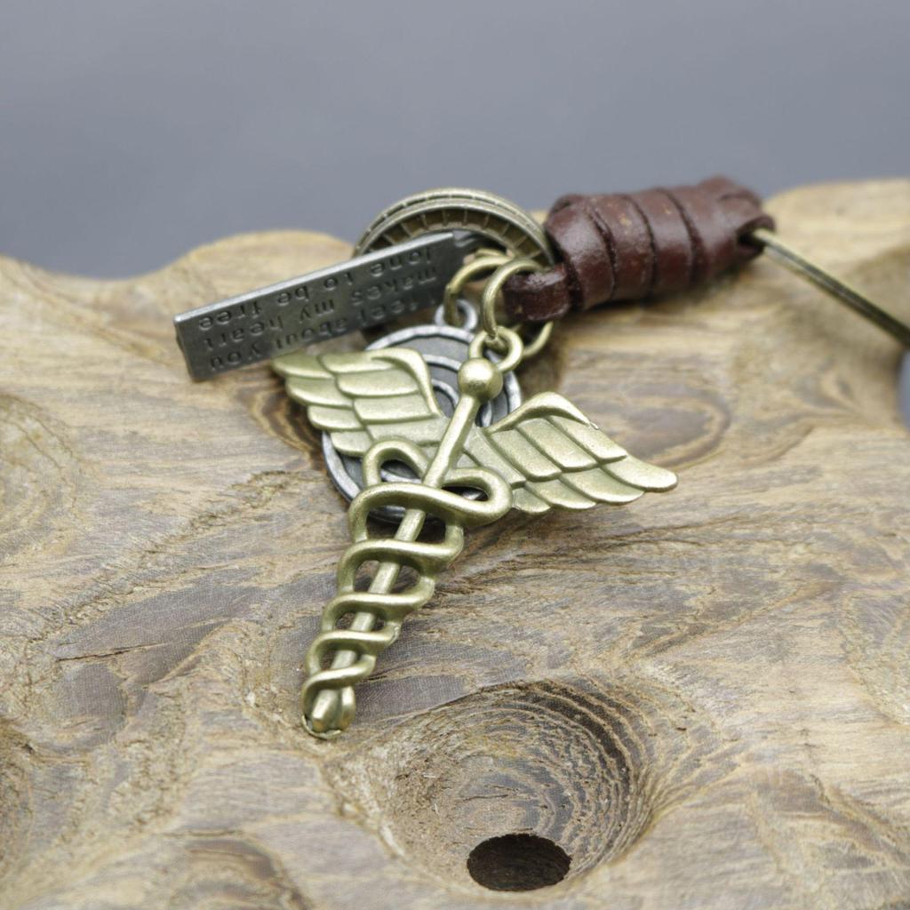 Men's Retro Caduceus Medical Symbol Keychain with Angel Wings Pendant