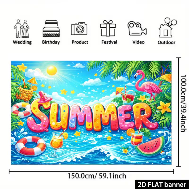 2D Colorful Summer Banner with Waves, Sun & Flamingo for Photoshoot
