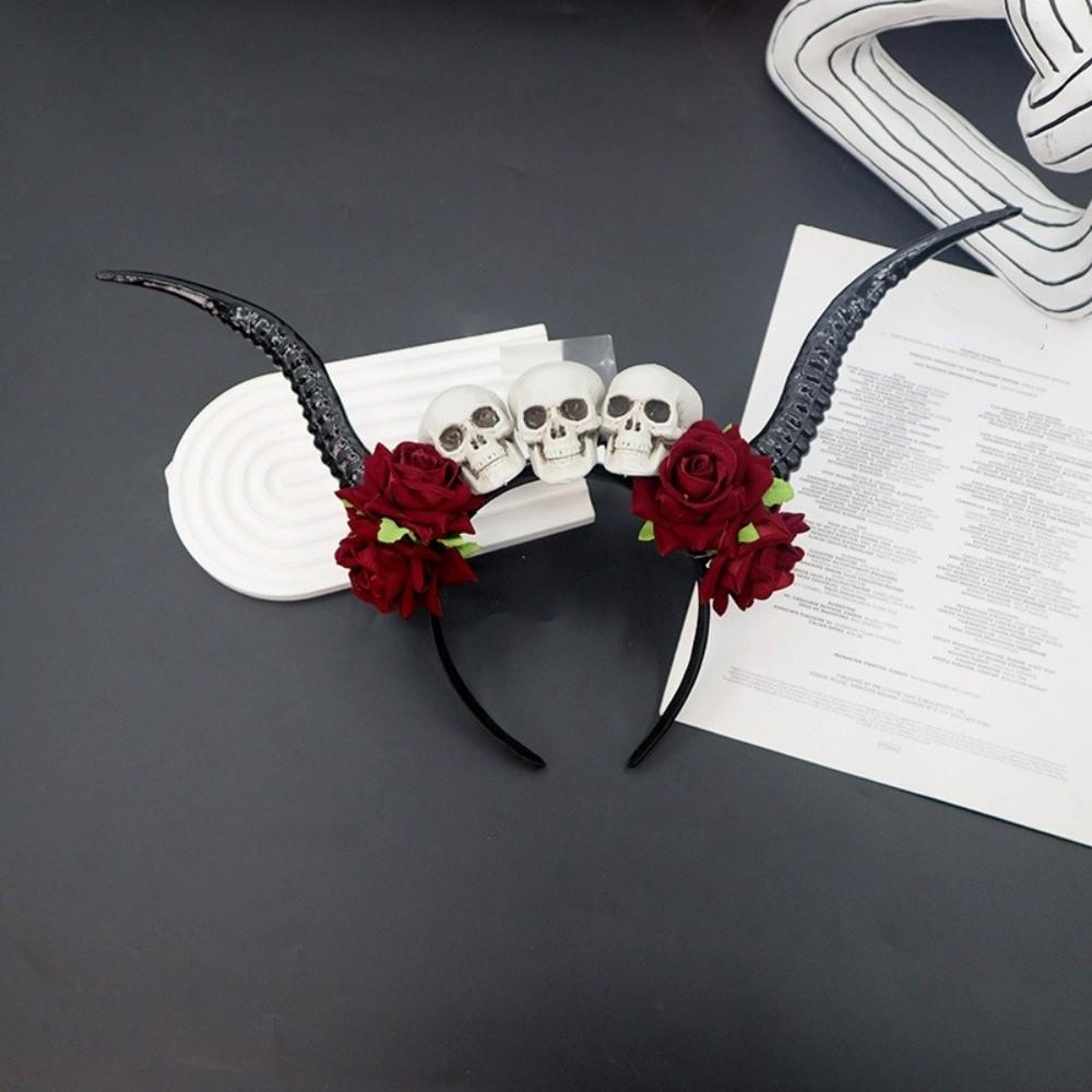 Skull Sheep Horn Hairband Halloween Red Rose Headband Flower Crown Ox Horns Headband  Festival Wear