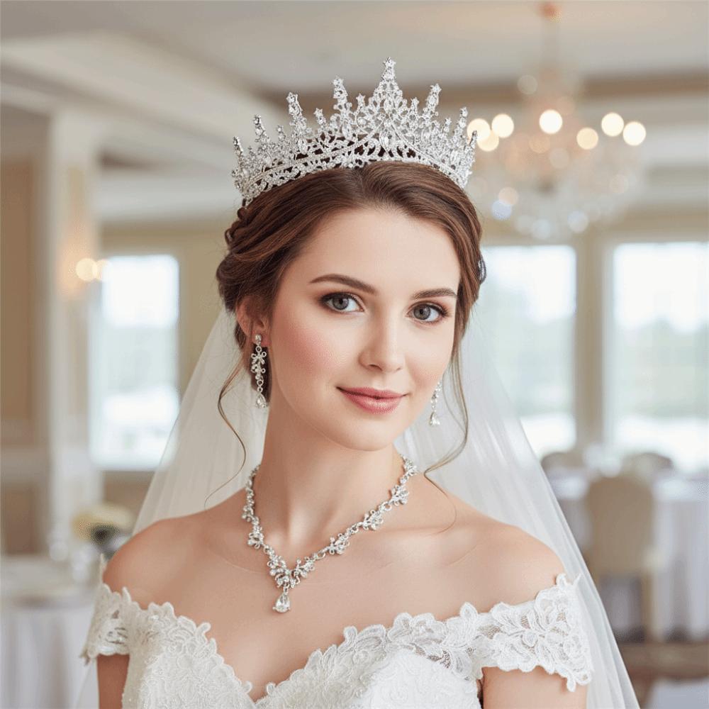 3 Pcs Hair Ornaments Bride Jewelry Sets Metal Necklace Earrings and Crown Sets  Women