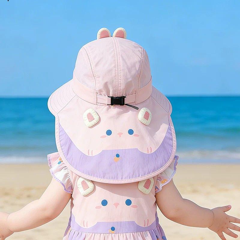 Kids' Summer Sun Hat - Cartoon Rabbit Design, Adjustable, Quick-Dry, Lightweight, with Optional Boys' Shawl