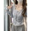 Lace stitching sweet fake two-piece long-sleeved T-shirt women's autumn small man Korean version pure desire single-breasted design top