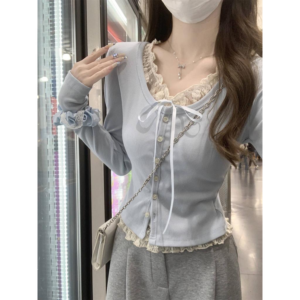 Lace stitching sweet fake two-piece long-sleeved T-shirt women's autumn small man Korean version pure desire single-breasted design top