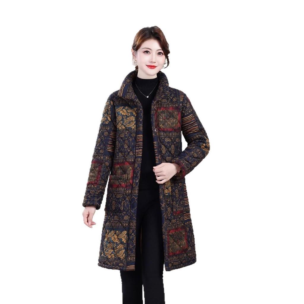 Floral Mid-Length Winter Cotton Jacket for Middle-Aged and Elderly Women - Warm and Stylish Outerwear.