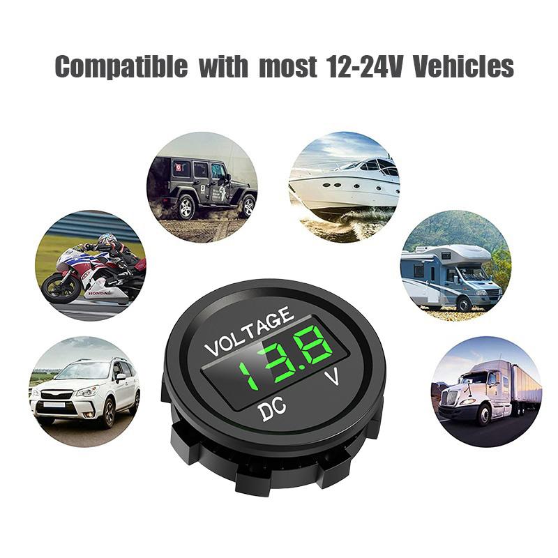 Car Voltmeter Digital LED Display Mini Round Voltage Battery Volt Tester Gauge Meter for Motorcycle Boat Marine Truck ATV UTV
