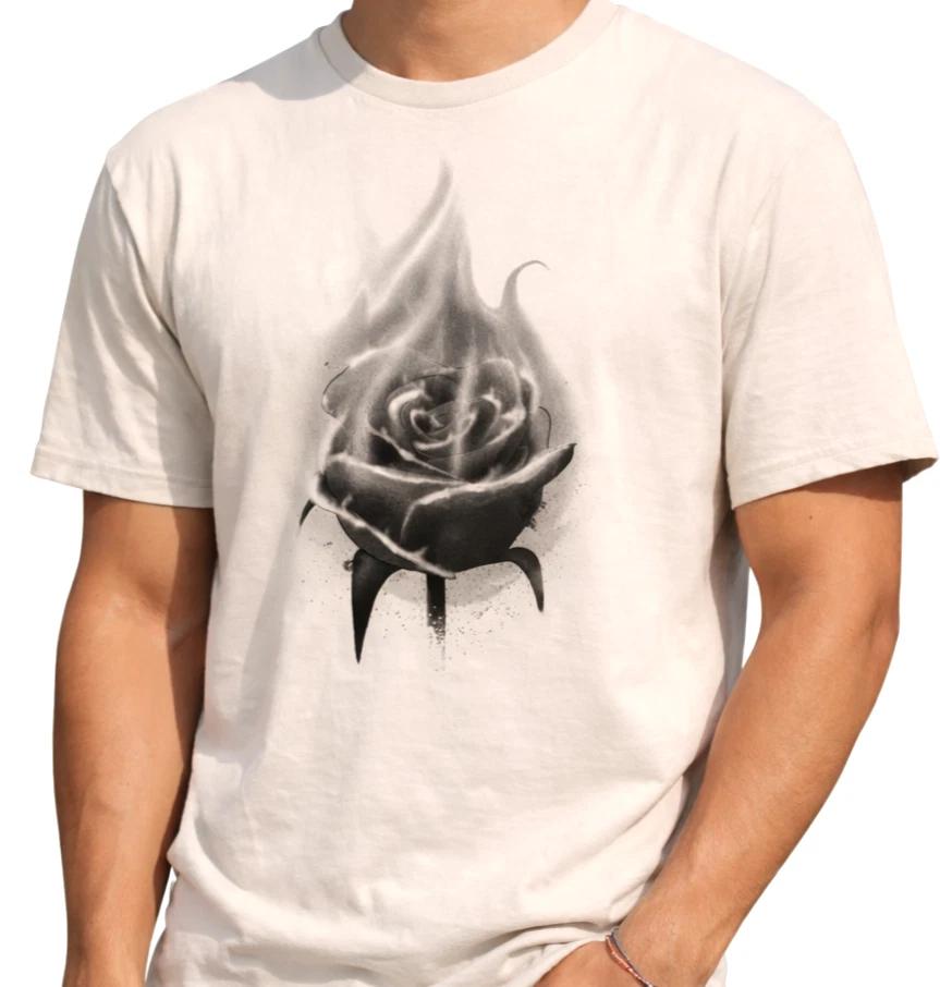 Flaming Rose Fire Flower Gothic Dark Romantic Tattoo Art Grunge T-Shirt. L