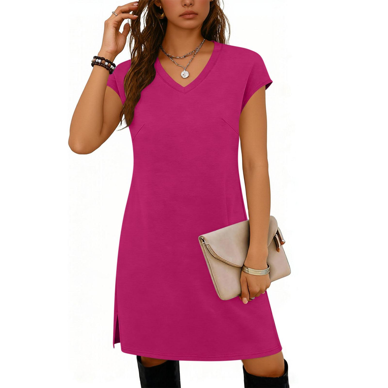 

Fashionable Women s V-neck Hem Slit Color Casual Dress L
