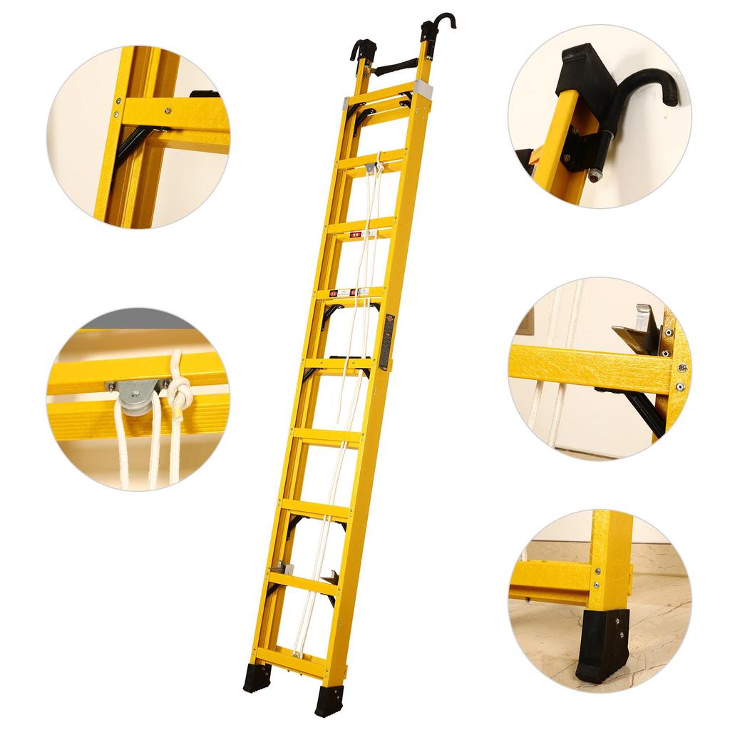 Insulated Telescopic Ladder with Iron Feet & Aluminum Alloy Crossbar - Electrician's Fiberglass Lifting Ladder