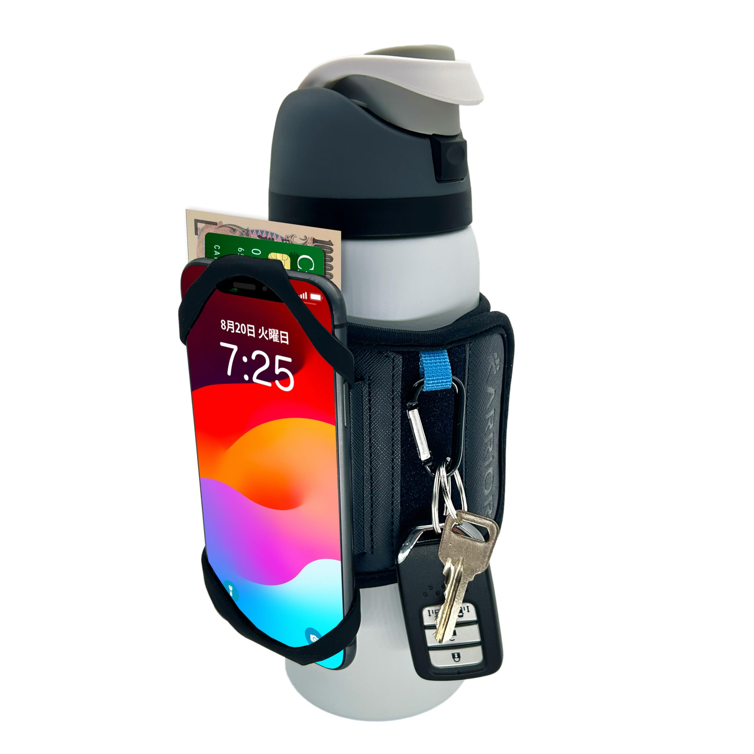 

KARRIOR Многофункциональный подсумок для бутылки Держатель для бутылки Вращение на 360 градусов Съемный держатель для смартфона Держатель для мобильного телефона и ключей Скрытый карман для хранения Спортзал