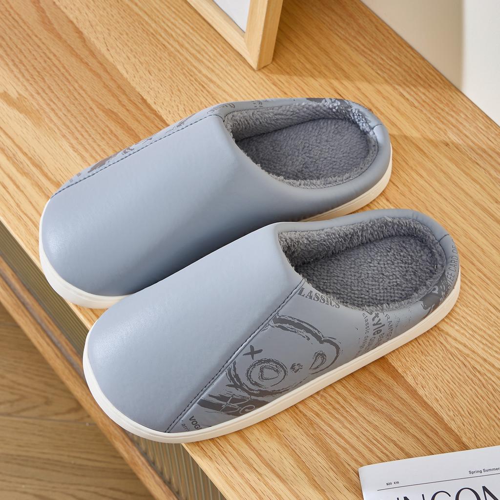Leather waterproof cotton slippers autumn and winter indoor home non-slip bottom velvet warm couple antibacterial cotton mop