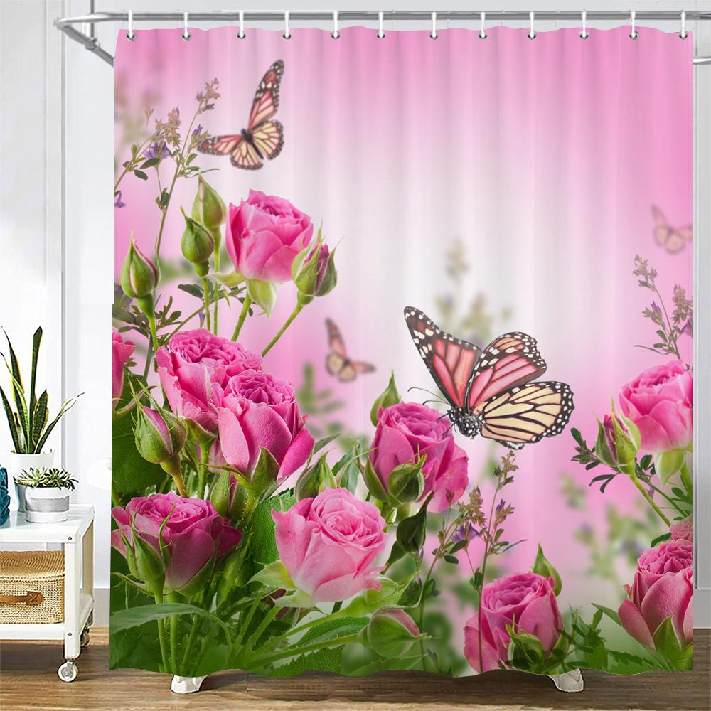 Colorful Flower Butterfly Fabric Shower Curtain Bathroom Curtains with Hooks Waterproof Printing Floral Bath Curtain Home Decor