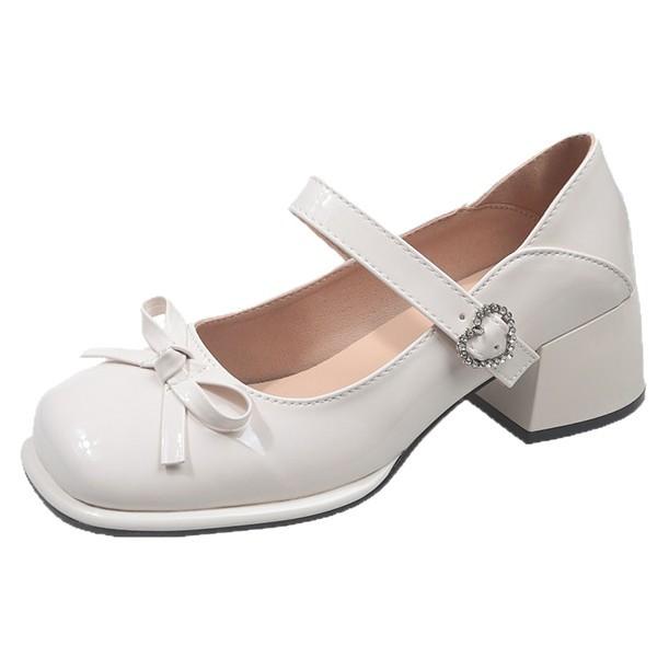 Französische Mary Jane Schuhe Damen 2025 neu Frühling Lackleder eckige Spitze Schleife kleine Lederschuhe leichter Ausschnitt dicker hoher Absatz einzelne Schuhe