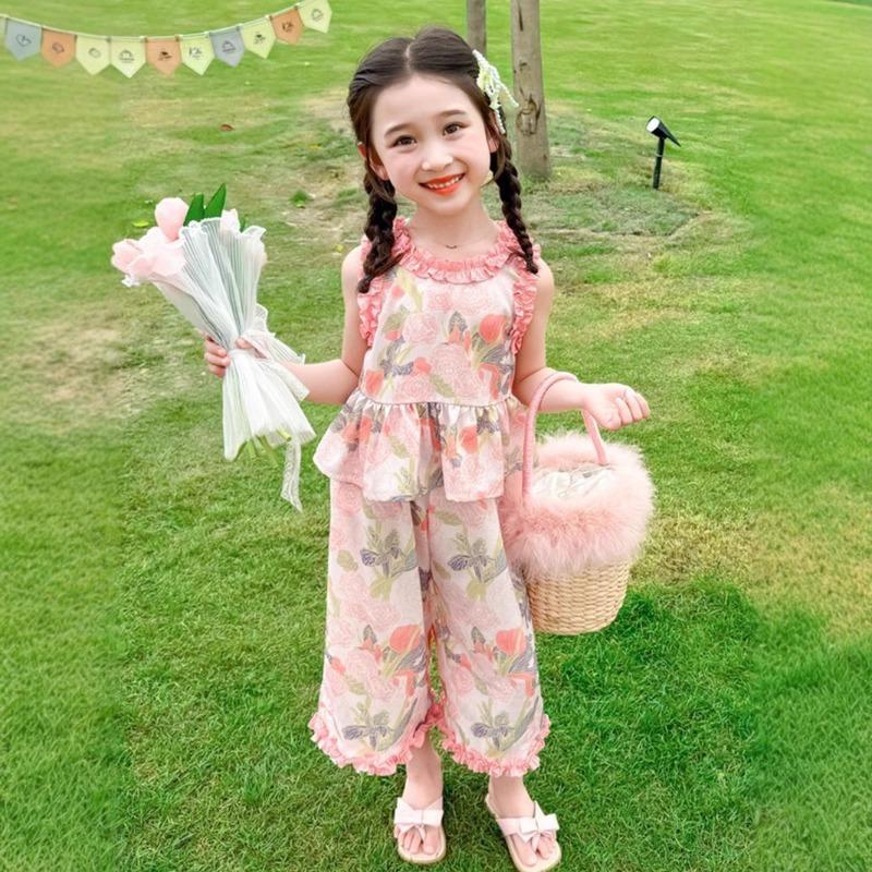 Blumiges Sommer-Weste-Set für Mädchen, Baby-Kinder-Pilzkanten-Zweiteiler