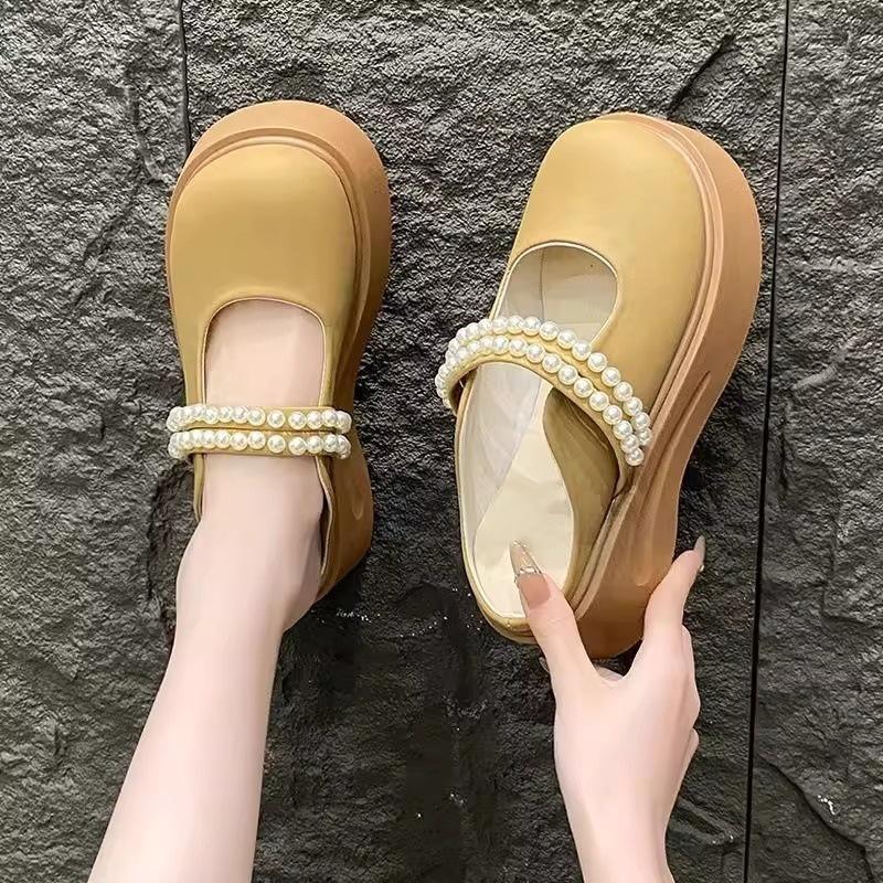 Pearl light luxury Mary Jane shoes half slippers bag head female design sense niche thick sole outer wear