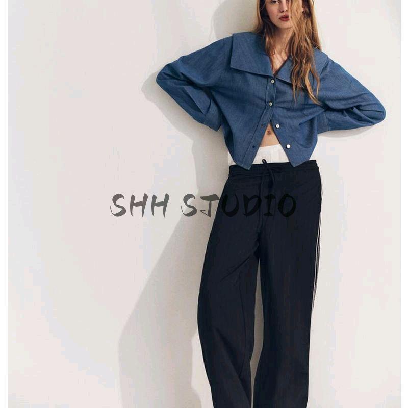 25 Spring New Women's Clothing French Retro Denim Effect Cotton Flat Lapel Long Sleeve Shirt 6929061