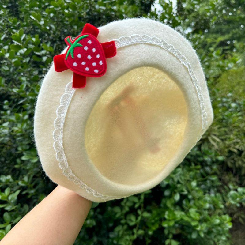 Caps Beret Women Lolita Fashion Luxury Hats Brand Winter Warm 2026 New In Cute Core Lace Strawberry Y2k Hat Lady Caps Beret
