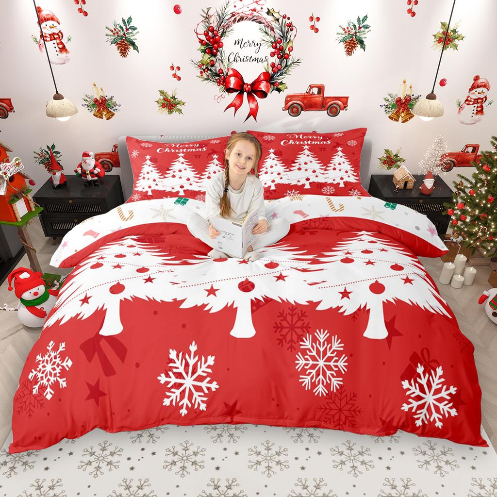 Homewish Cartoon Snowman Duvet Cover Set for Kids 2pcs/3pcs, Christmas Bedding Set for Girls Boys, Xmas Tree Farm Truck Bed Set