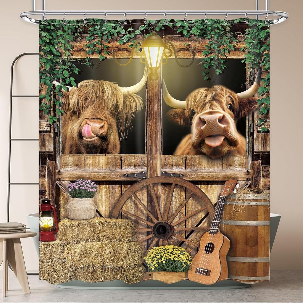 Funny Cow Shower Curtain with Western Bull & Donkey Design – Rustic Barn Door Farm Animal Bathroom Decor