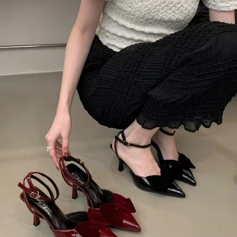 2025 New Package Head Sandals Female Red Pointed Bow High Heels a Word with Buckle Fine Heel Elegant Single Shoes