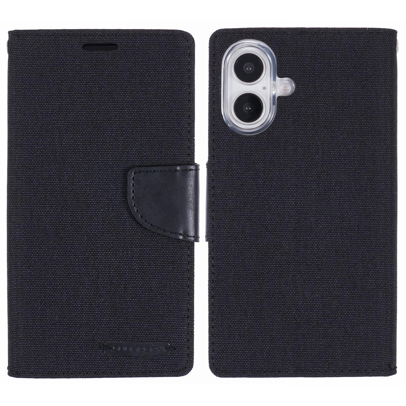 

MERCURY GOOSPERY For iPhone 16 Case Canvas Texture Leather Wallet Phone Cover Black