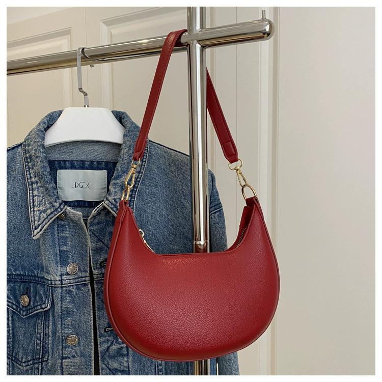 Damen Mond-Schultertasche aus PU-Leder, Einfache einfarbige Unterarm-Clutch-Tasche, Modische lässige Handtasche