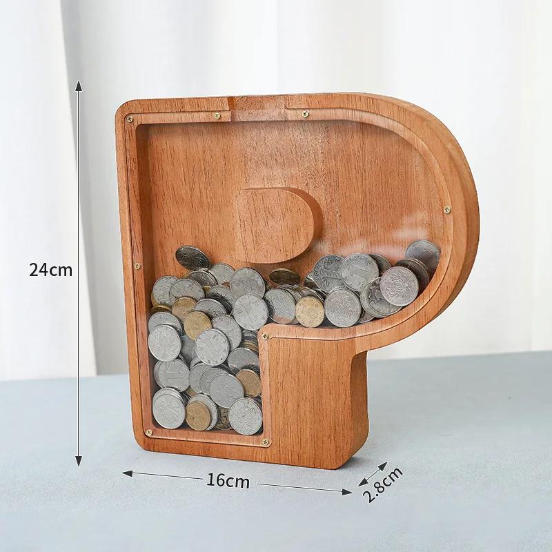 23cm Large Size Twenty-six Letter Piggy Bank Wooden Coin Money Saving Box Jar Coin Storage Box Desktop Ornament Home Decor Craft