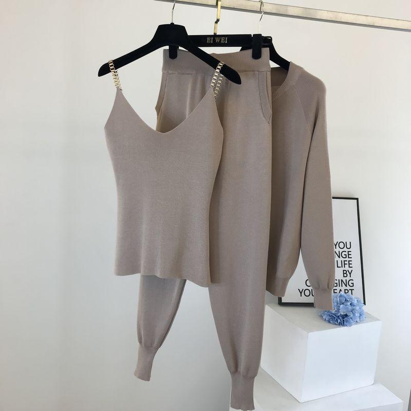 Women 3pcs/set Outfits Knitted Sweater Suit Casual Chain Vest Knitted Jacket + Elastic Pants Three-piece Sets