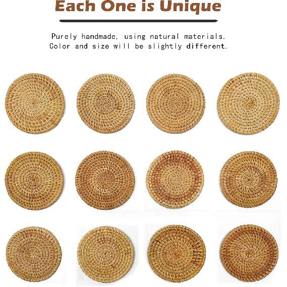 Rattan Coasters Set of 6 - Handwoven Wicker Coasters for Wooden Table, Brown with Holder (3.9 inch)