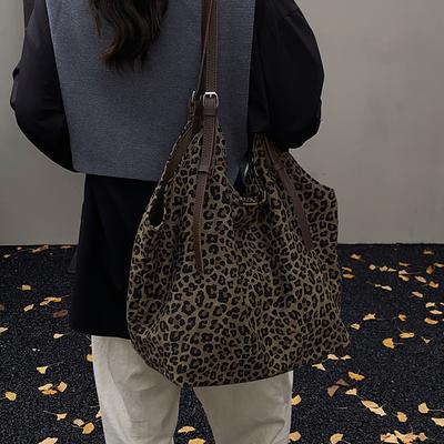 Vintage Leopard Print Tote Bag Women's Large Capacity Commuter Shoulder Bag