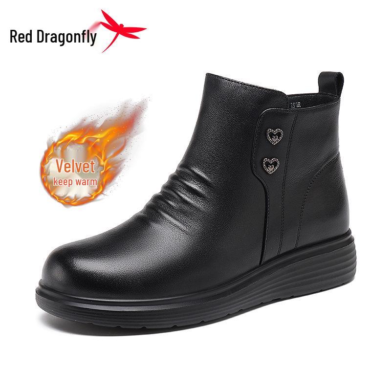 Red Dragonfly Women s Genuine Leather Winter Boots - Thickened Plus Velvet High-Top Short Boots Size 39