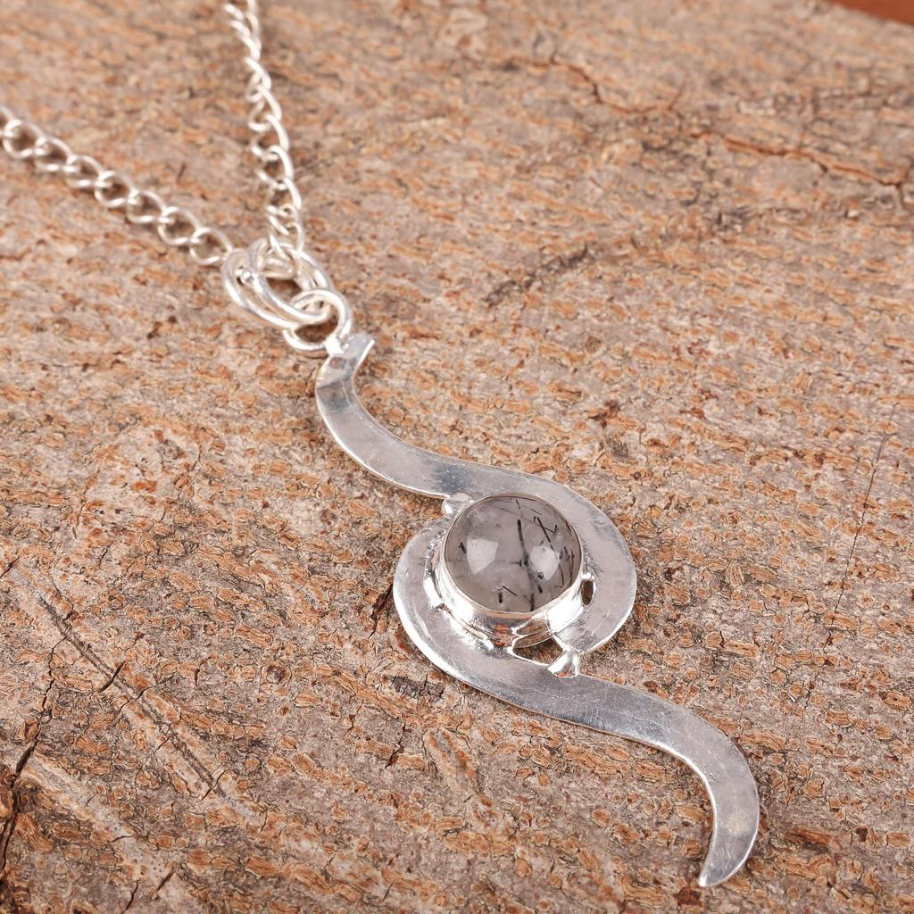 Black Rutile Pendant, 925 Solid Sterling Silver Gemstone Jewelry, Handmade Pendant, For Wedding Gift