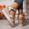 Fashion Fashion Gold Wedge Heel Sandals Women 2025 Cross Band Summer Platform Sandles Woman Plus Size Thick Bottom Rome Shoes Female