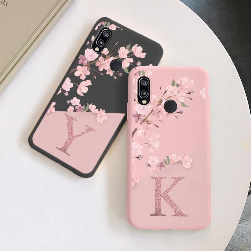 Initial Letter Silicone Case For Huawei P20 2018 P20 Lite P20 Pro Shell Retro Pink Flower Soft TPU Cover For Huawei P20 Capa